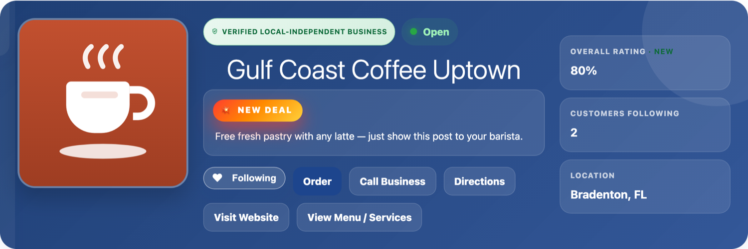 A local business profile showing a live Open status, verified-local badge and a current deal