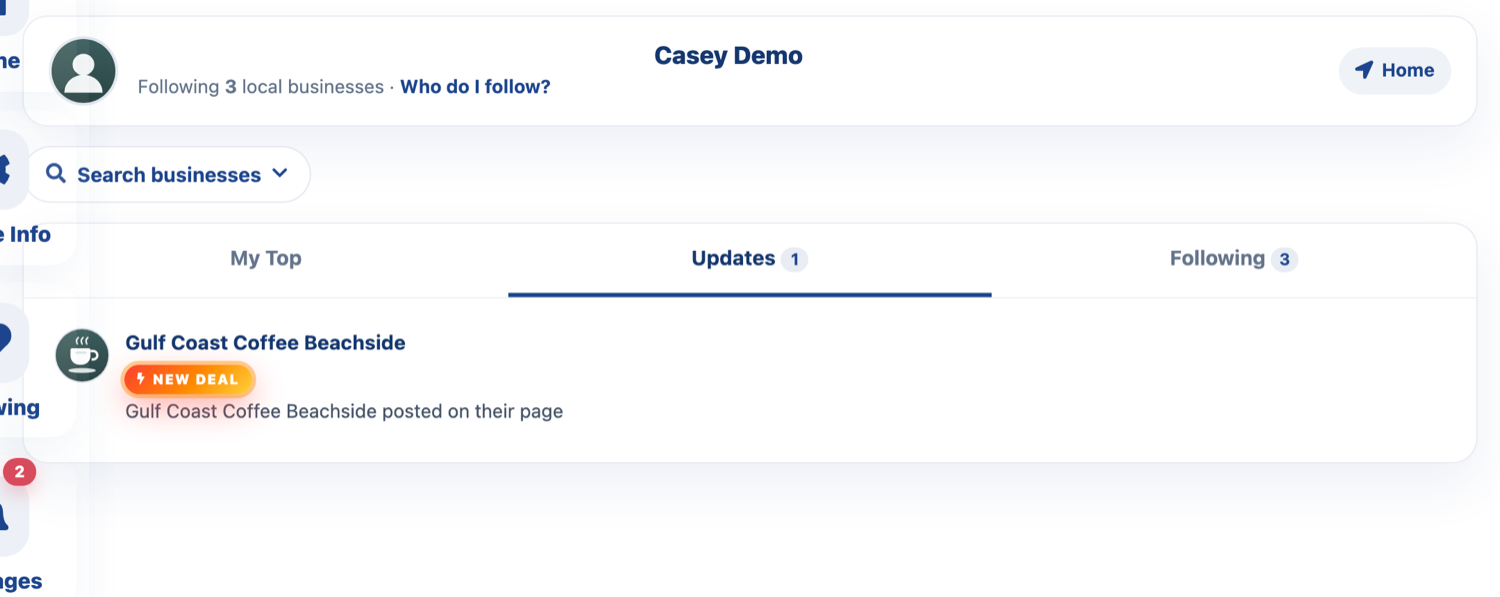 A customer's Updates feed with a New Deal notification from a followed business