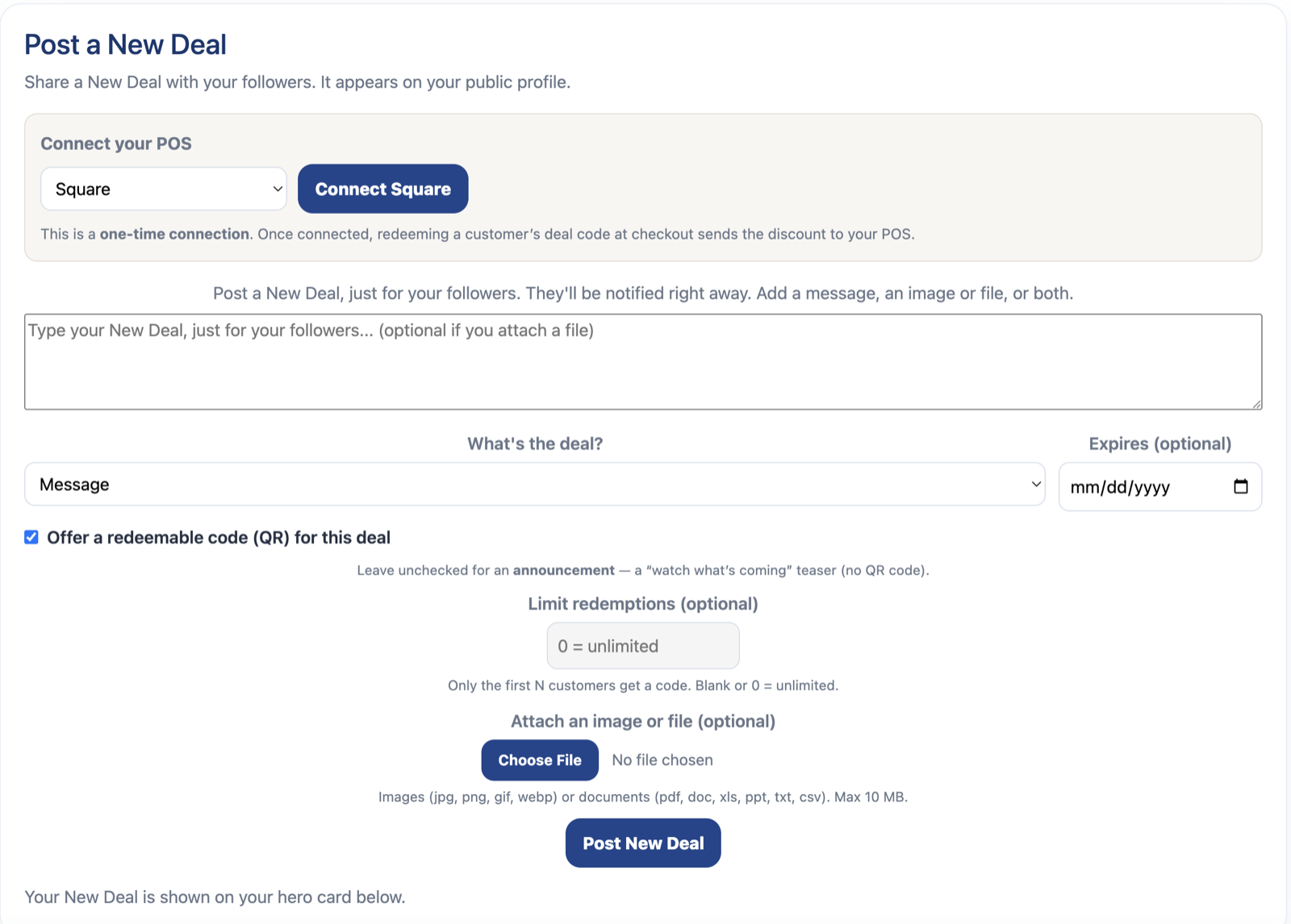 The Post a New Deal composer, sending a follower-only deal that can sync to the register