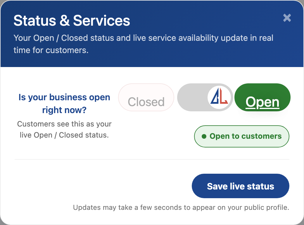 The Status & Services control: an Open/Closed toggle that updates in real time